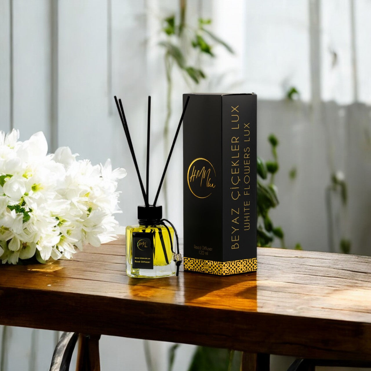 HMNLUX Beyaz Çiçekler Bambu Çubuklu Ortam Kokusu 120 ml | Kalıcı Ortam Kokusu